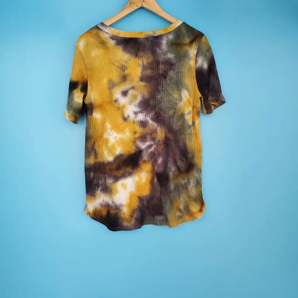 Vintage Bibi Top Size Large V-Neck Short Sleeve Tie Dye Waffle Knit - Picture 3 of 6